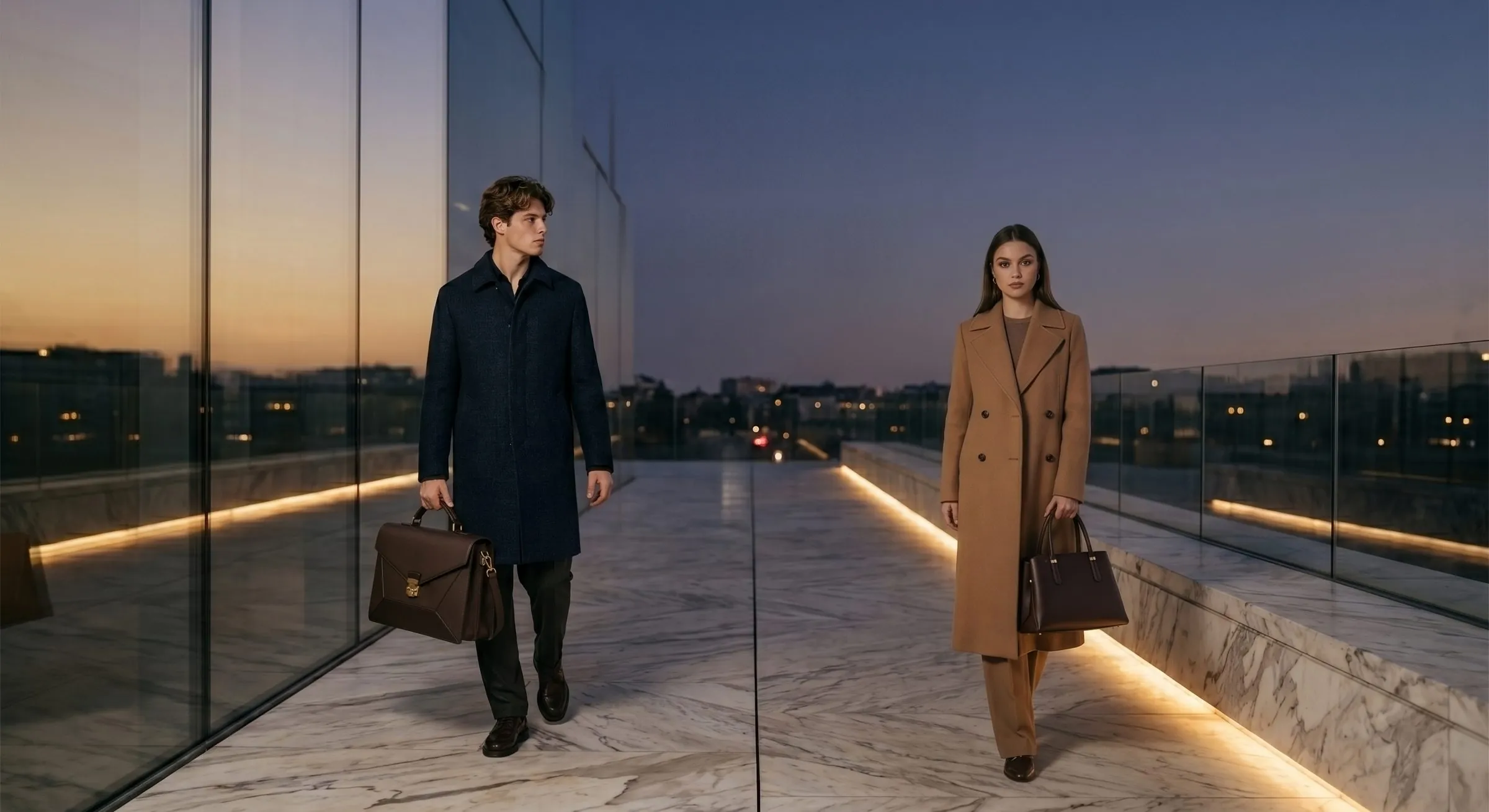 Um homem e uma mulher em um terraço de mármore ao entardecer, cada um com uma bolsa Yazzi